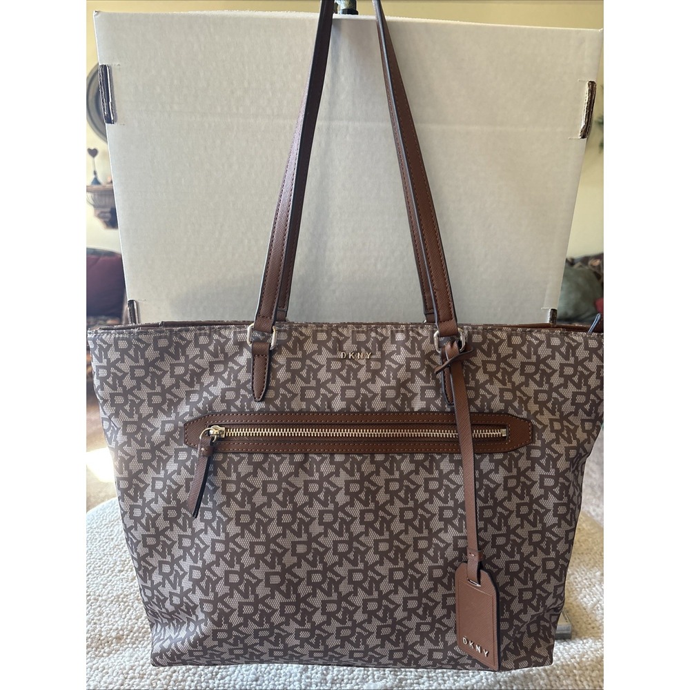 DKNY Tan Brown Logo Satchel Tote Gold Hardware Shoulder